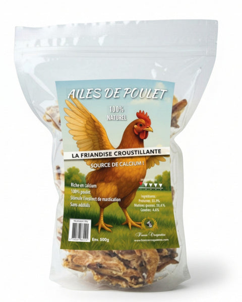 Sachet de friandises France Croquettes pour chien contenant des ailes de poulet séchées 100% naturelles et croquantes