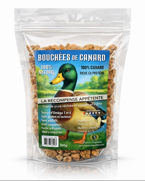 Sachet refermable de 300g de bouchées de canard France Croquettes, friandises naturelles pour chien en cubes.