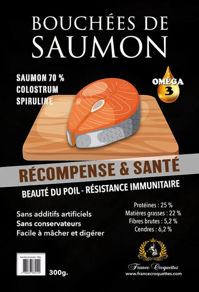Sachet de friandises France Croquettes bouchées de saumon moelleuses pour chiens riches en oméga-3 et colostrum