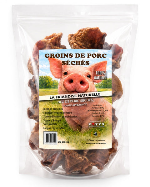 Sachet de 20 groins de porc séchés France Croquettes, friandise naturelle riche en protéines pour la mastication du chien