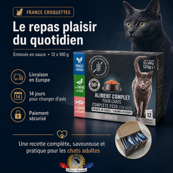 Pack de 12 sachets France Croquettes de nourriture humide sans céréales pour chat adulte, saveurs poulet, canard, saumon