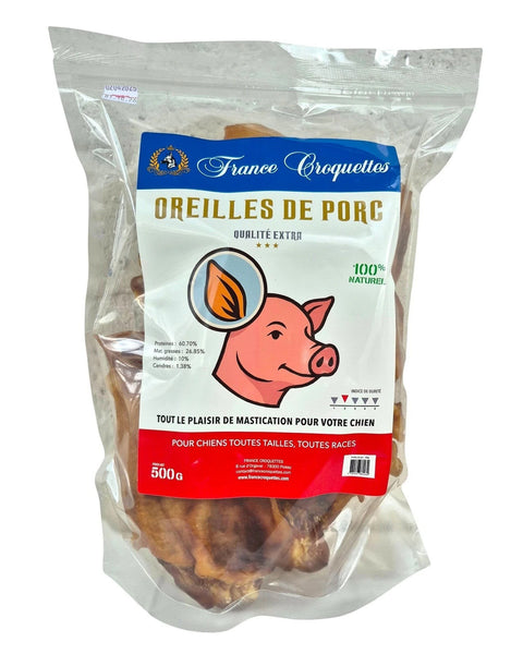 Sachet de friandises France Croquettes, oreilles de porc XXL naturelles et séchées pour chiens