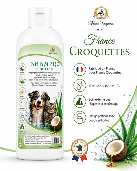Flacon de shampoing purifiant France Croquettes 1L pour chien avec illustration d'un chien et d'un chat